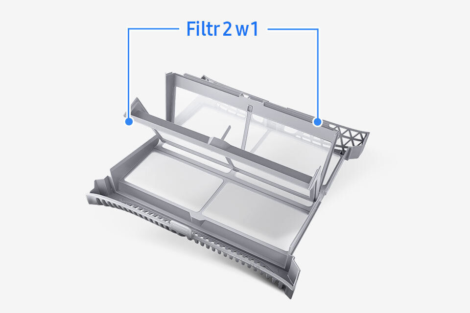 Filtr 2w1 zapewniający właściwą pracę suszarki Samsung został pokazany na grafice Filtr 2w1 zapewniający właściwą pracę suszarki Samsung został pokazany na grafice