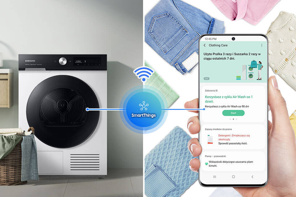 Aplikacja SmartThings zapewnia wygodę zdalnego sterowania i porady dotyczące dbania o suszoną odzież Aplikacja SmartThings zapewnia wygodę zdalnego sterowania i porady dotyczące dbania o suszoną odzież