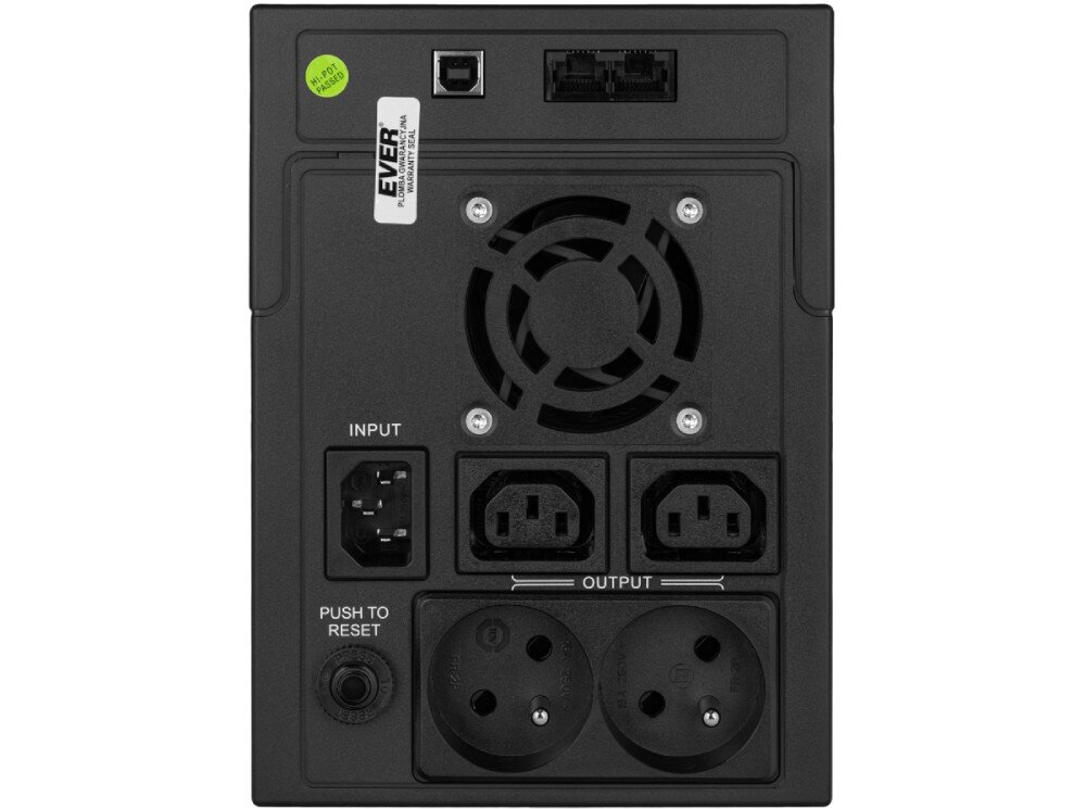 Zasilacz UPS EVER EasyLine 2200 Avr USB 2200VA 1200W Tylny panel urządzenia z wentylatorem, czterema gniazdami wyjściowymi, gniazdem wejściowym, portem USB, dwoma złączami RJ45 oraz przyciskiem resetu, wyświetlacz, interfejs USB-B, oprogramowanie, wyjścia