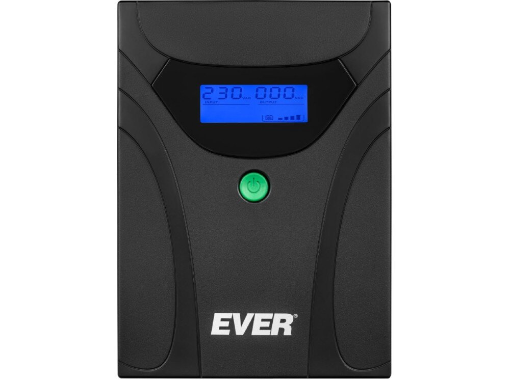 Zasilacz UPS EVER EasyLine 2200 Avr USB 2200VA 1200W Widok z góry na przedni panel urządzenia z wyświetlaczem LCD o niebieskim podświetleniu oraz zielonym przyciskiem zasilania, zabezpieczenia, ochrona, czas podtrzymania