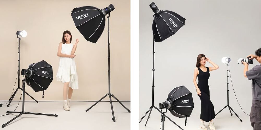 Statywy oświetleniowe z lampami i softboxami podczas sesji, modelka pozuje, fotograf robi zdjęcie na jasnym tle.