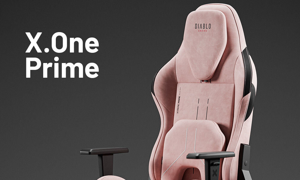 Fotel DIABLO CHAIRS X-One Prime Różowy prezentacja fotela na szarym tle z dopisem modelu podnosi komfort technologie premium wygoda funkcjonalność