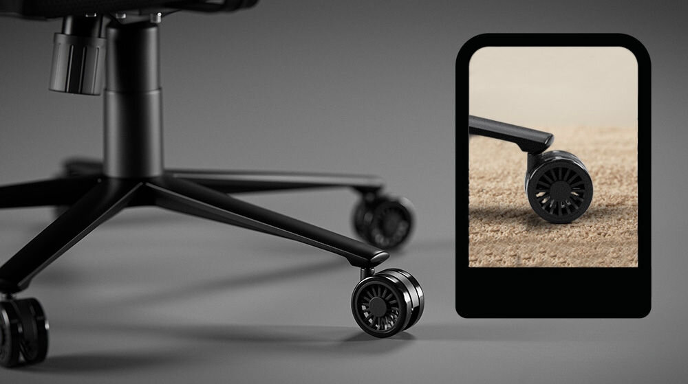 Fotel DIABLO CHAIRS X-One Prime Różowy zblżenie na siłownik i kółka na szarym tle metalowa konstrukcja udźwig do 140 kg kółka PFC™ 360 ciche zwrotne nie zostawiają śladów na podłodze kauczukowa powłoka