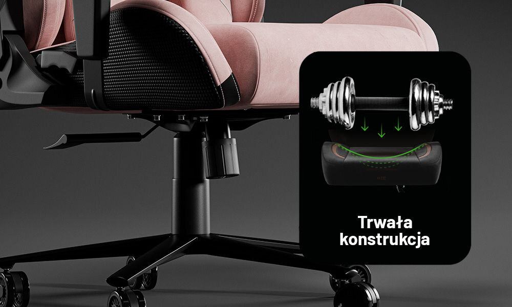 Fotel DIABLO CHAIRS X-One Prime Różowy zblżenie na siłownik i kółka na szarym tle metalowa podstawa siłownik czwartej klasy wytrzymałość technologia Air Damper™ tłumienie drgań miękki ruch komfort