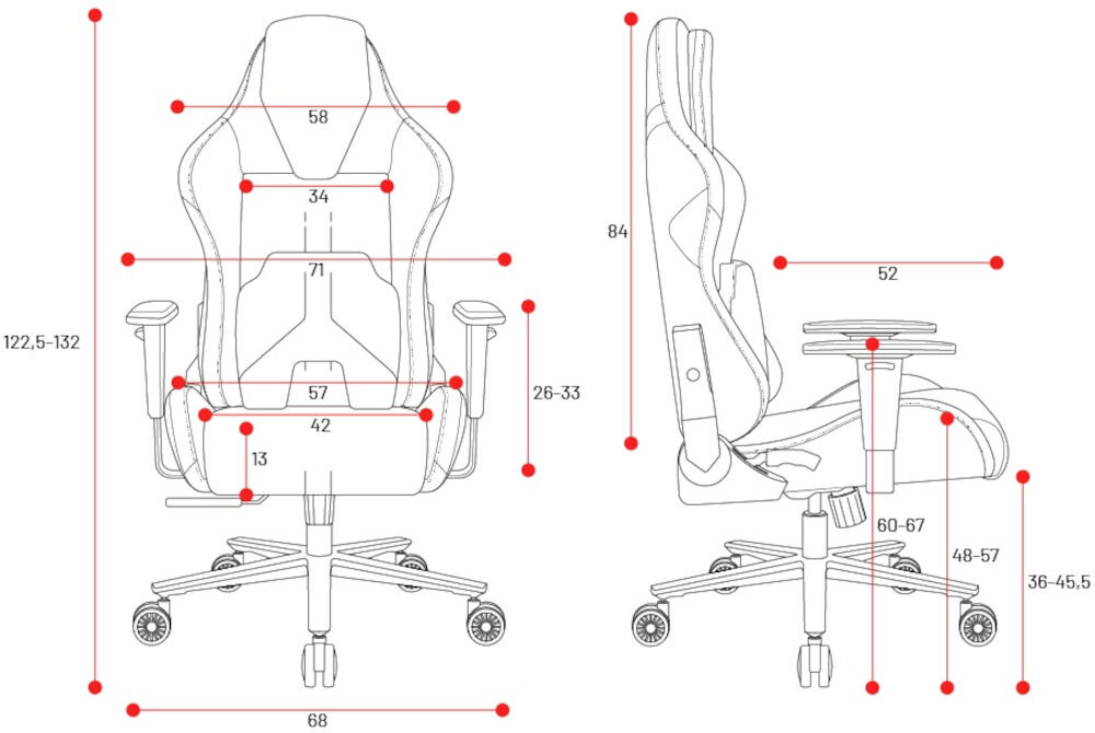 Fotel DIABLO CHAIRS X-One Prime Różowy prezentacja fotela od przodu i od boku na białym tle wymiary oparcie 58 cm szerokości 84 cm wysokości wspiera plecy siedzisko 57 cm szerokości 52 cm głębokości regulacja wysokości siedziska 48-57 cm całkowita wysokość fotela 122,5-132 cm dopasowanie do różnych sylwetek