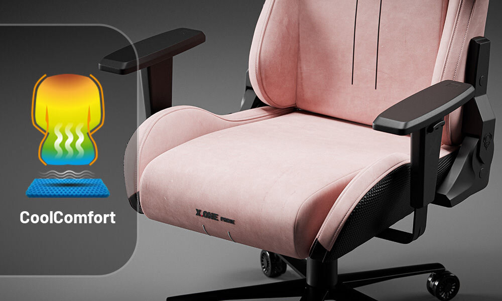Fotel DIABLO CHAIRS X-One Prime Różowy prezentacja fotela od przodu na szarym tle zbliżenie na dolną część fotela warstwa chłodząca CoolComfort™ wspomaga cyrkulację powietrza zapobiega przegrzewaniu