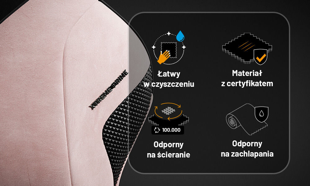 Fotel DIABLO CHAIRS X-One Prime Różowy prezentacja zalet tkaniny na tle fotela materiał GentlePro™ odporność miękkość dobra wentylacja