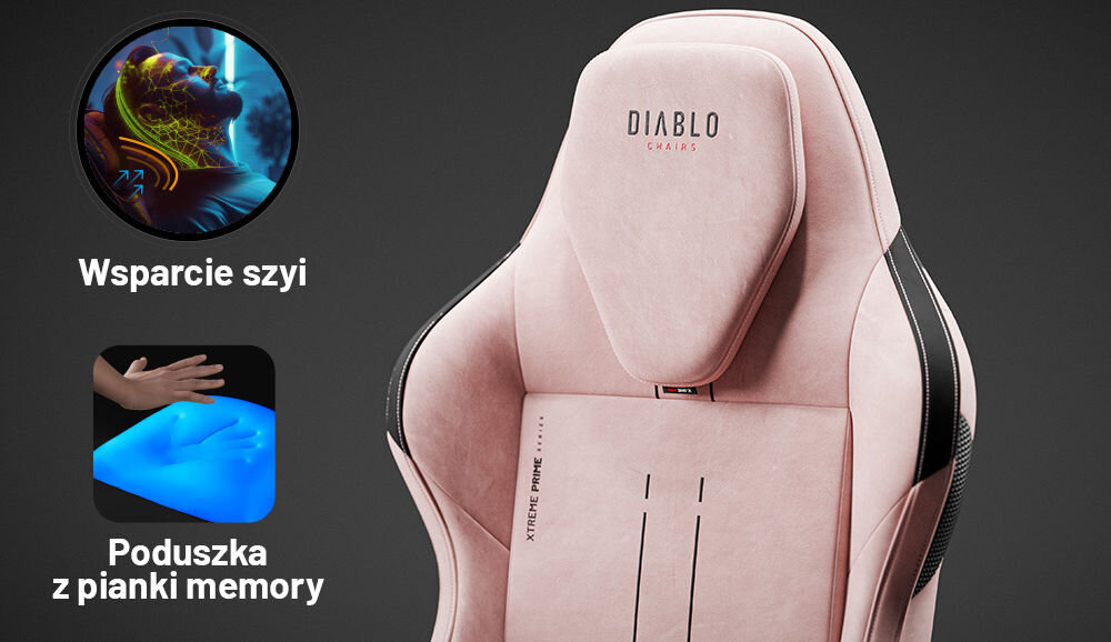 Fotel DIABLO CHAIRS X-One Prime Różowy prezentacja magnetycznego zagłówka tekst wsparcie szyi poduszka z pianki memory komfort szyi głowy