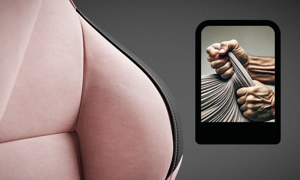 Fotel DIABLO CHAIRS X-One Prime Różowy zbliżenie na oparcie fotela szare tło wypełnienie ze sprężystej pianki HR dostosowanie profilu lędźwiowego wygoda