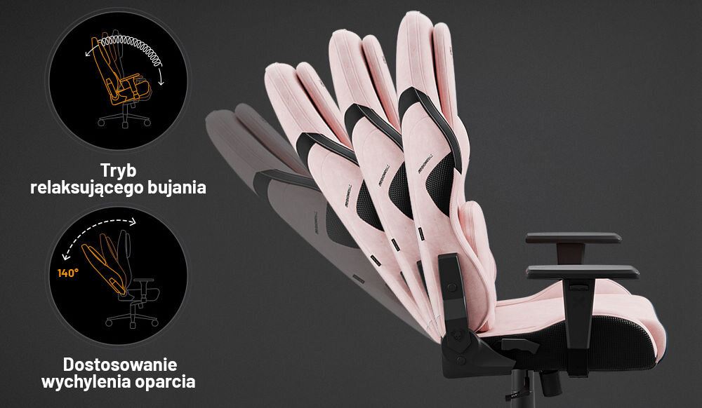 Fotel DIABLO CHAIRS X-One Prime Różowy prezentacja możliwej regulacji fotela na szarym tle Tilttech™ Lift dopasowanie wysokości siedziska mechanizm bujania Tilttech™ Gear pochylenie od 90 stopni do 140 stopni komfort