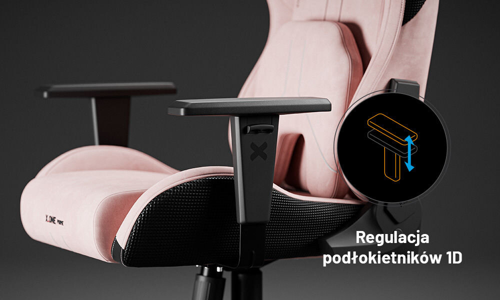 Fotel DIABLO CHAIRS X-One Prime Różowy prezentacja podłokietników i ich możliwej regulacji Armtech™ Vertical SoftTouch regulacja wysokości miękkie wykończenie odciążenie łokci