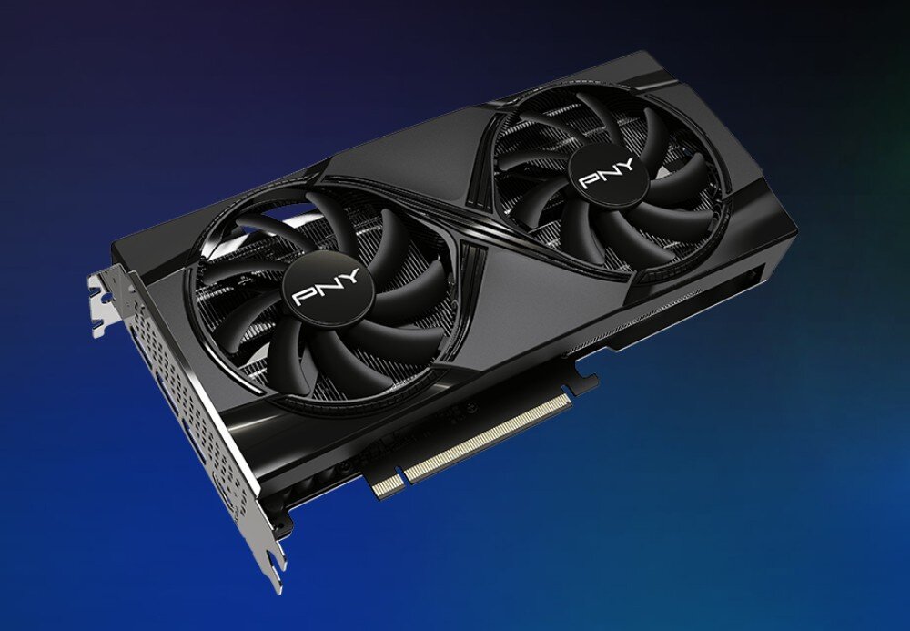 Karta graficzna PNY GeForce RTX 5060 Ti Dual Fan 16GB Karta graficzna widoczna pod kątem ukazująca system chłodzenia z dwoma wentylatorami oraz górną krawędź obudowy