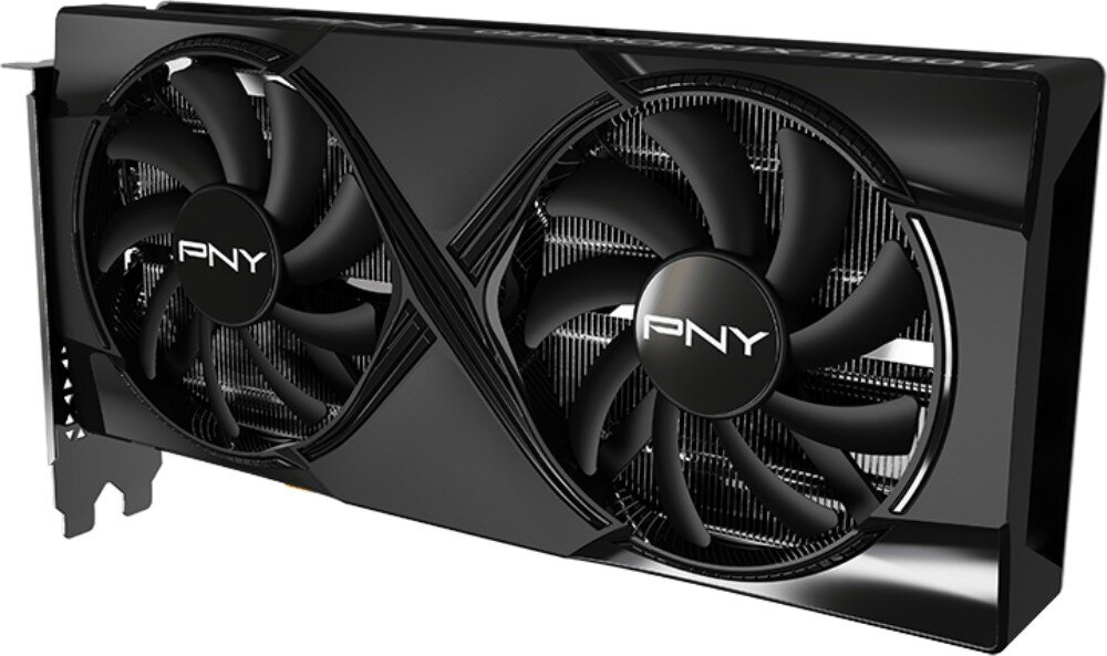 Karta graficzna PNY GeForce RTX 5060 Ti Dual Fan 16GB Ujęcie karty graficznej z perspektywy prezentującej front z wentylatorami oraz fragment bocznego radiatora