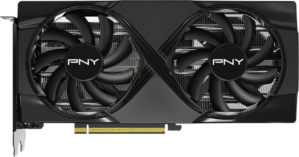Karta graficzna PNY GeForce RTX 5060 Ti Dual Fan 16GB Frontowy widok czarnej karty graficznej z dwoma wentylatorami i logo producenta umieszczonym na środku wirników