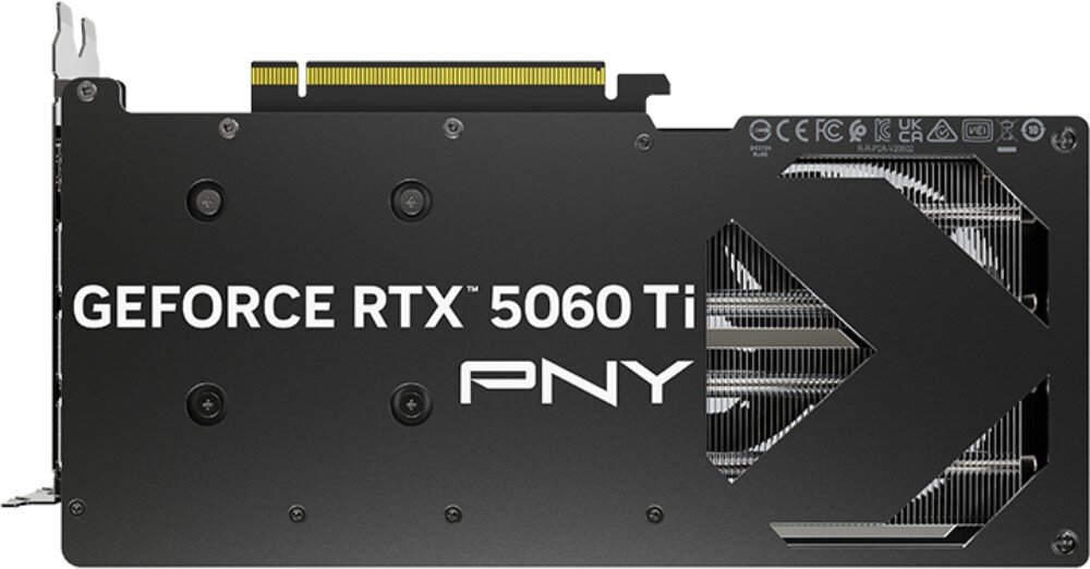 Karta graficzna PNY GeForce RTX 5060 Ti Dual Fan 16GB Czarna płyta tylna karty graficznej z nadrukowanymi oznaczeniami serii oraz dużym wycięciem wentylacyjnym po prawej stronie