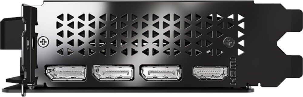 Karta graficzna PNY GeForce RTX 5060 Ti Dual Fan 16GB Metalowy wspornik montażowy karty z wyciętymi trójkątnymi otworami wentylacyjnymi oraz czterema gniazdami wideo