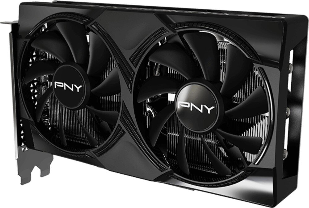 Karta graficzna PNY GeForce RTX 5060 OC Dual Fan 8GB Ujęcie karty graficznej z perspektywy prezentującej front z wentylatorami oraz fragment bocznego radiatora
