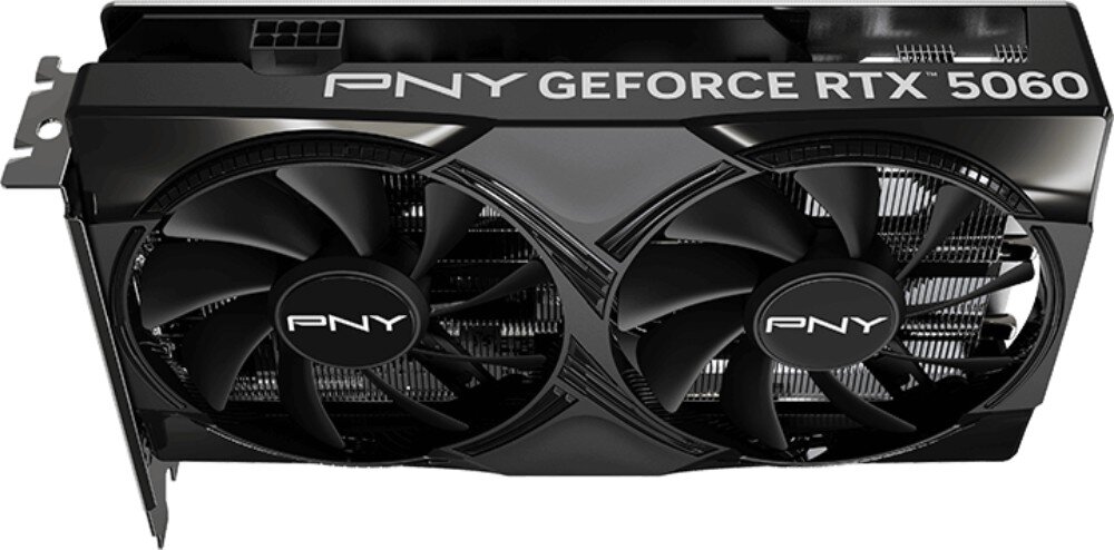 Karta graficzna PNY GeForce RTX 5060 OC Dual Fan 8GB Górna krawędź karty graficznej z widocznym gniazdem zasilania oraz białymi napisami informującymi o modelu i marce