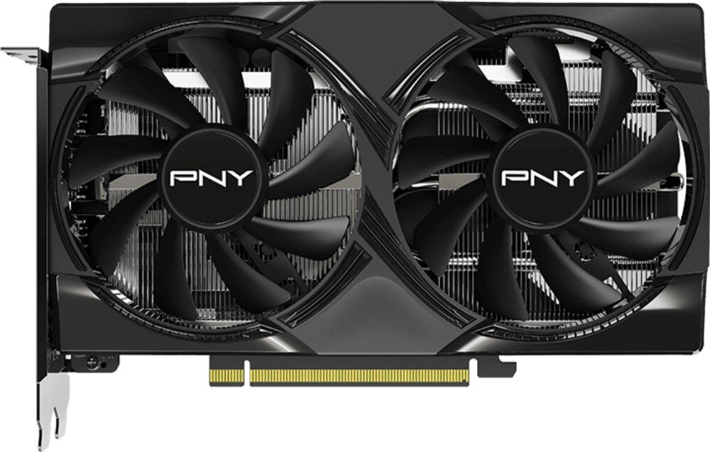 Karta graficzna PNY GeForce RTX 5060 OC Dual Fan 8GB Frontowy widok czarnej karty graficznej z dwoma wentylatorami i logo producenta umieszczonym na środku wirników
