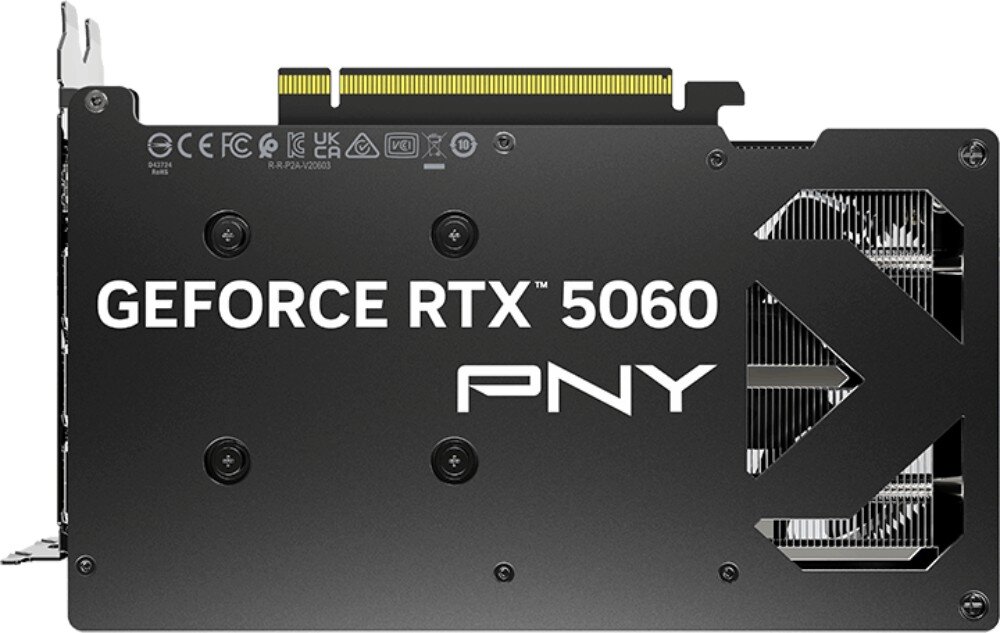 Karta graficzna PNY GeForce RTX 5060 OC Dual Fan 8GB Czarna płyta tylna karty graficznej z nadrukowanymi oznaczeniami serii oraz dużym wycięciem wentylacyjnym po prawej stronie