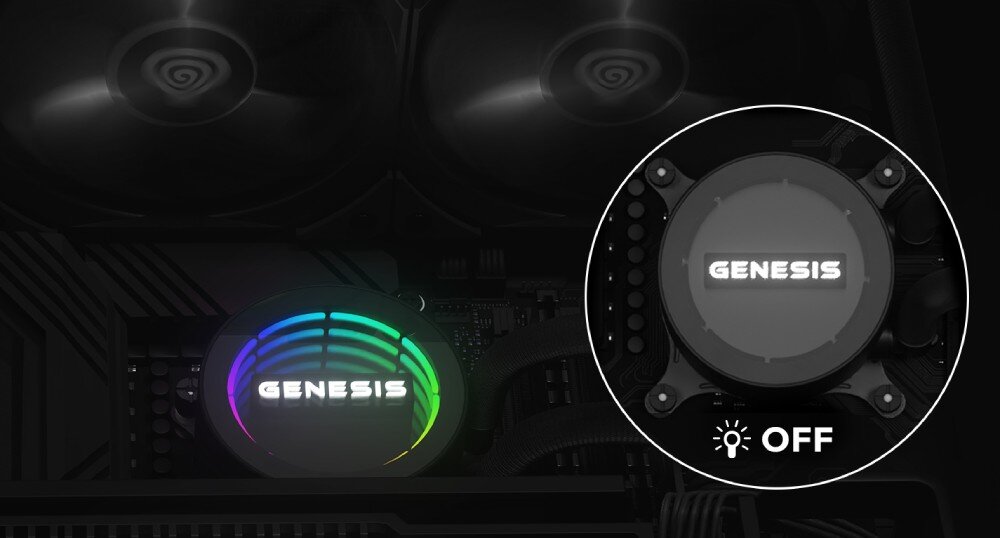 Chłodzenie wodne GENESIS Hydria 240 Pompka chłodzenia z podświetleniem RGB po lewej stronie i jej ciemniejsza wersja z wyłączonym podświetleniem w okrągłym zbliżeniu po prawej stronie, pompa, efektywność, działanie