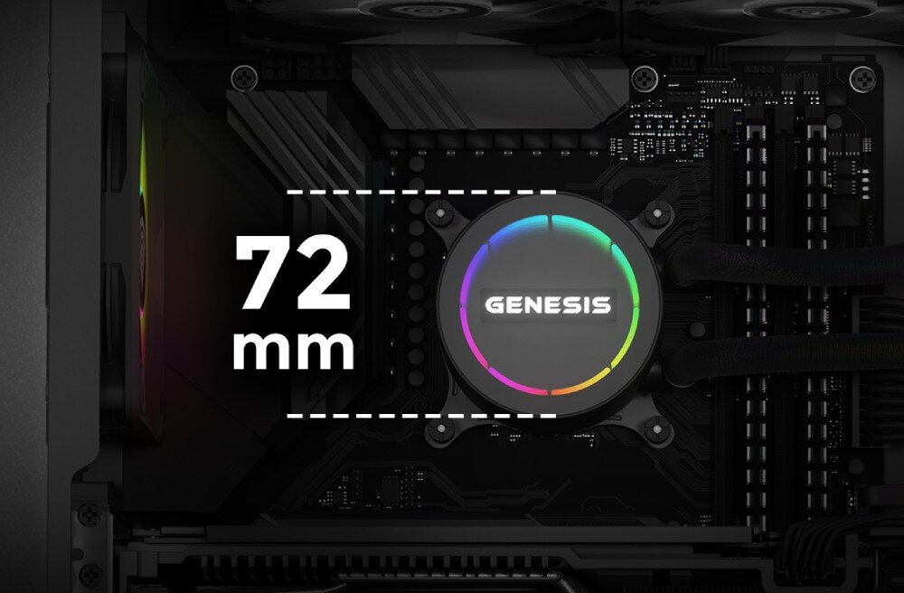 Chłodzenie wodne GENESIS Hydria 240 Pompka zamontowana na płycie głównej z widoczną średnicą 72 mm zaznaczoną białą ramką i opisem, obudowa, kompatybilność, wielkość