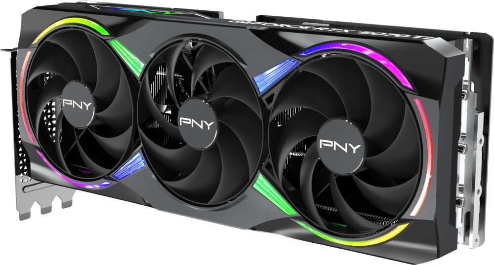 Karta graficzna PNY GeForce RTX 5070 Ti ARGB OC Triple Fan Plus 16GB Karta graficzna widziana pod kątem z widocznymi trzema wentylatorami, górną obudową oraz napisem 'GEFORCE RTX 5070 TI' podświetlonym na boku