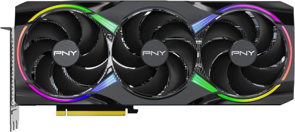 Karta graficzna PNY GeForce RTX 5070 Ti ARGB OC Triple Fan Plus 16GB Karta graficzna z trzema czarnymi wentylatorami ułożonymi poziomo, ozdobiona kolorowym podświetleniem RGB w formie pierścieni wokół każdego wentylatora i prążków między nimi