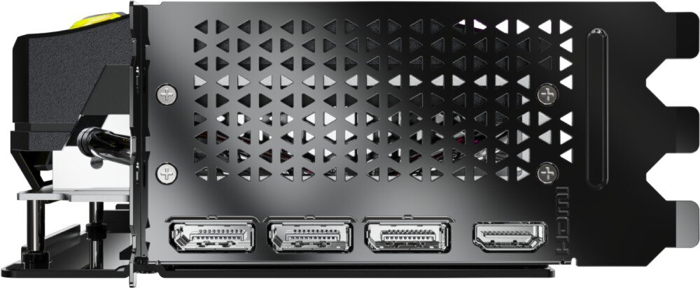 Karta graficzna PNY GeForce RTX 5070 Ti ARGB OC Triple Fan Plus 16GB Widok tylnego panelu karty graficznej z trzema portami DisplayPort i jednym portem HDMI, otoczony czarnym radiatorem z trójkątnymi otworami wentylacyjnymi