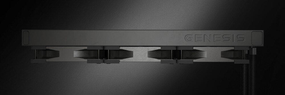 Chłodzenie wodne GENESIS Hydria 360 Widok z góry na radiator chłodzenia cieczą z dwoma wentylatorami oraz tłoczonym napisem 'Genesis' na boku obudowy radiatora, wygląd, matowe wykończenie, tłoczone logo