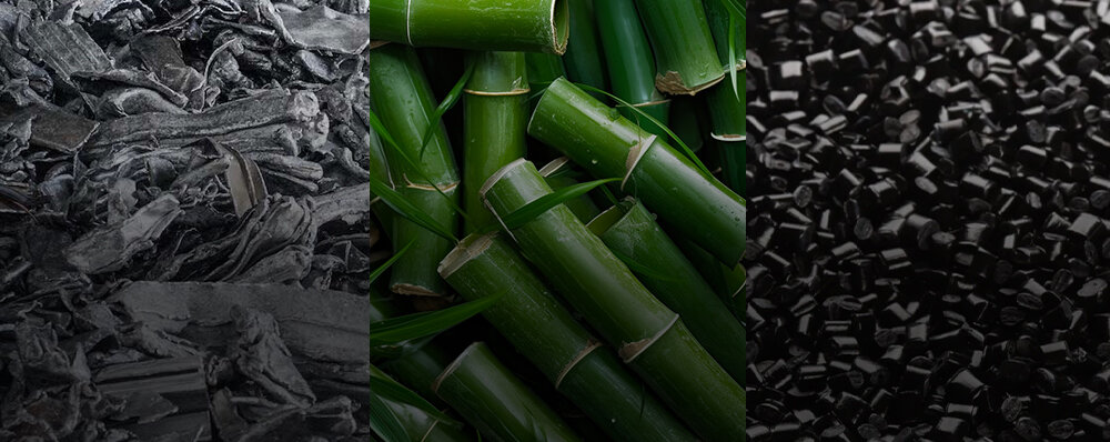 Ekologiczne materiały użyte w laptopie LENOVO Yoga Slim 7 Aura Edition – kolaż przedstawiający węgiel drzewny, zielony bambus i czarny granulat z recyklingu, symbolizujący zrównoważoną produkcję i dbałość o środowisko. - Ekologia i troska o środowisko