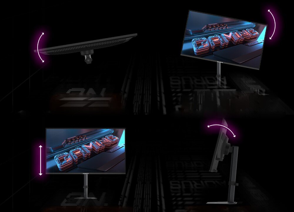 Monitor GIGABYTE G25F2 Cztery ujęcia pokazujące różne możliwości regulacji monitora, w tym pochylenie, obrót, zmianę wysokości i pivot, zaznaczone strzałkami w kolorze fioletowym, konstrukcja, regulacja