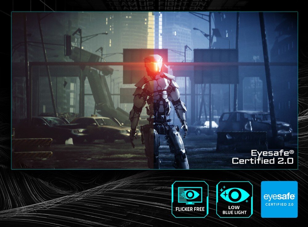 Monitor GIGABYTE G25F2 Obraz z gry przedstawiający postać robota w mieście nocą, z ikonami 'Flicker Free' i 'Low Blue Light' oraz napisem 'Eyesafe Certified 2.0', ochrona wzroku, niebieskie światło, migotanie