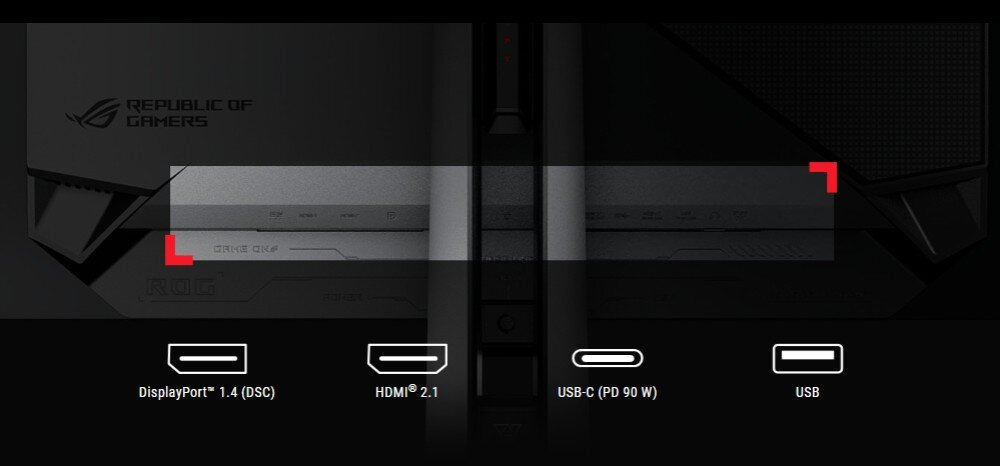 Monitor ASUS ROG Swift PG32UCDM Widok tylnej części monitora przedstawiający złącza DisplayPort 1.4, HDMI 2.1, USB-C (90 W) oraz port USB, gniazda, wejścia, podłączenie