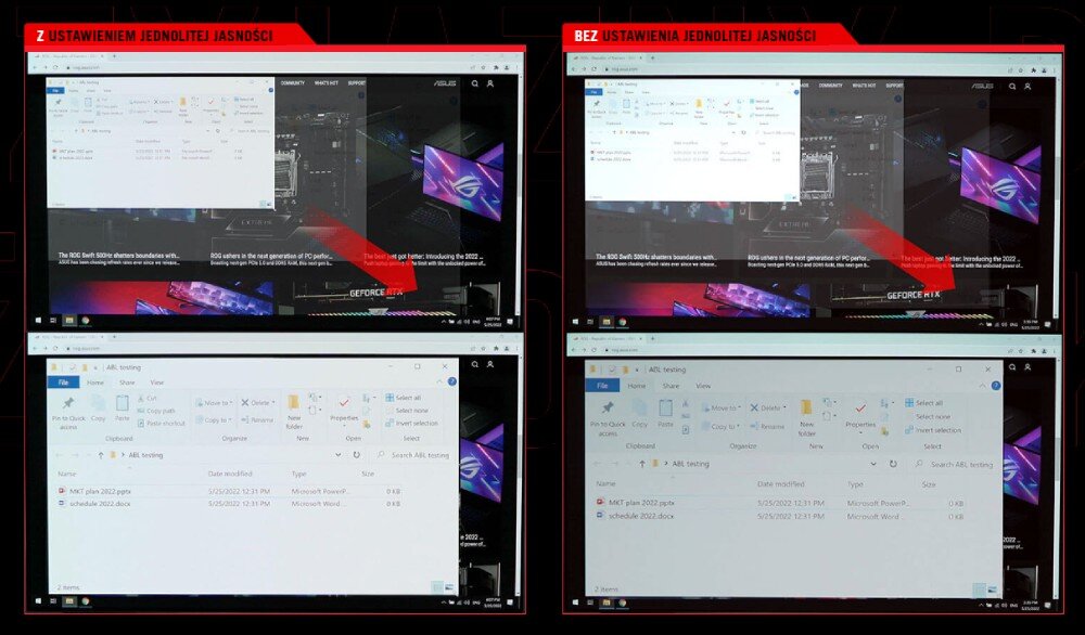 Monitor ASUS ROG Swift PG32UCDM Porównanie dwóch ekranów monitora pokazujące różnicę jasności podczas wyświetlania okien aplikacji z włączoną i wyłączoną funkcją jednolitej jasności
