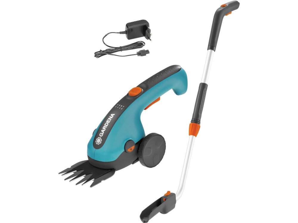 Nożyce do trawy GARDENA ClassicCut 9855-20 akumulatorowe zestaw trzonek teleskopowy kolka prowadzace oslona tarczy ladowarka sieciowa dokumentacja