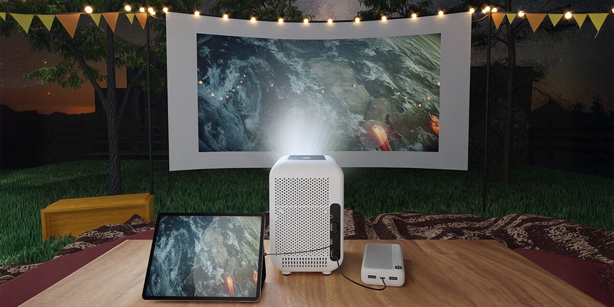 Projektor HP CC180W - Wygląd pasujący do wnętrza, Neutralne kolory, waga, kompaktowa forma, projektor wyświetlający obraz na białym płótnie podłączony do tableta