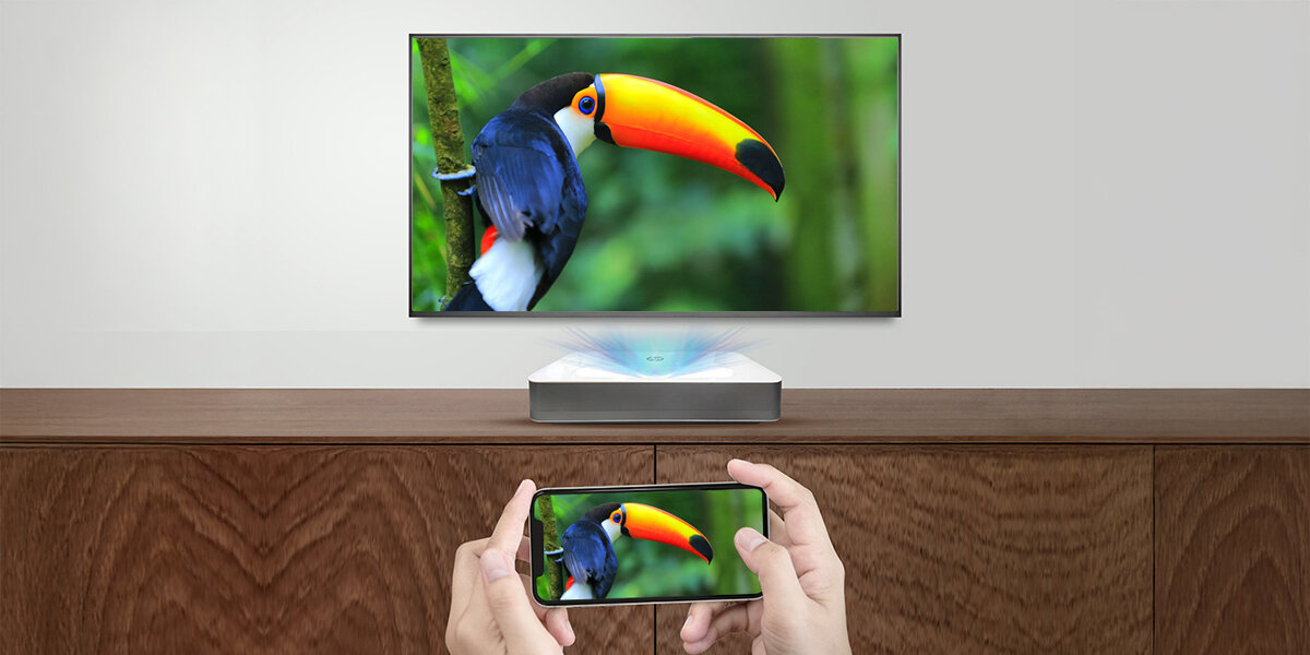 Ekran projekcyjny HP GATS FS90R soczewka Fresnela ALR kontrast obraz, obraz podawany z smartfona na ekran projekcyjny