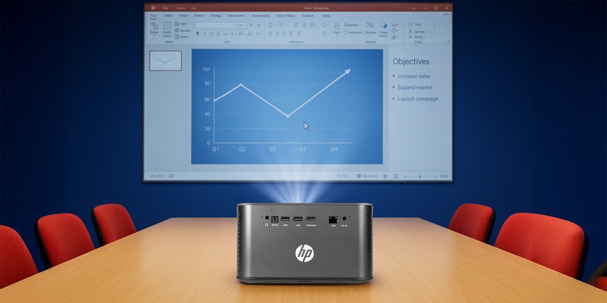 Projektor HP MP2000 Pro - Dopasowany do przestrzeni, Projekcja w zakresie 100–300 cm, Obraz od 37 do 112 cali, proporcje 16:9, Jasność 750 lumenów, , projektor stojący na stole wyświetlający obraz na ekranie projekcyjnym