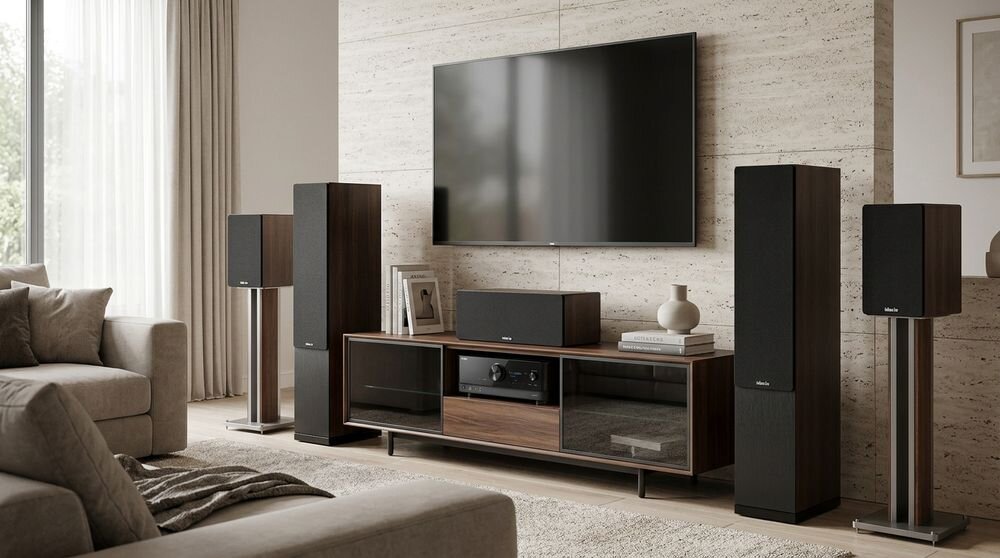 Zestaw stereo YAMAHA RX-V4A + INDIANA LINE Tesi 5 + Tesi 7 + Tesi 2, amplituner i kolumny, zestaw w pomieszczeniu