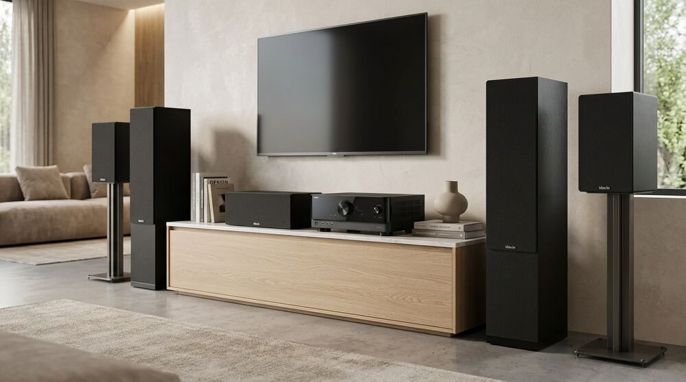 Zestaw stereo YAMAHA RX-V4A + INDIANA LINE Tesi 5 + Tesi 7 + Tesi 2, 400 W RMS i 725 W mocy muzycznej, zestaw w pomieszczeniu