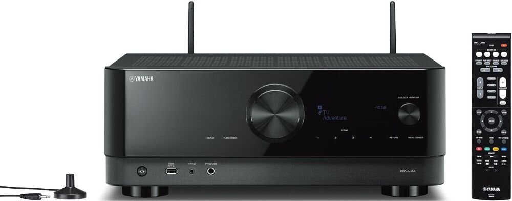 Zestaw stereo YAMAHA RX-V4A + INDIANA LINE Tesi 5 + Tesi 7 + Tesi 2, Zone B, Compressed Music Enhancer, Audio Delay i CEC, amplituner od frontu na białym tle