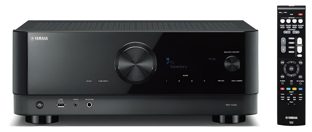 Zestaw stereo YAMAHA RX-V4A + INDIANA LINE Tesi 5 + Tesi 7 + Tesi 2, amplituner 8,8 kg, 43,5 cm szerokości, zasilanie 220-240 V, amplituner od frontu na białym tle