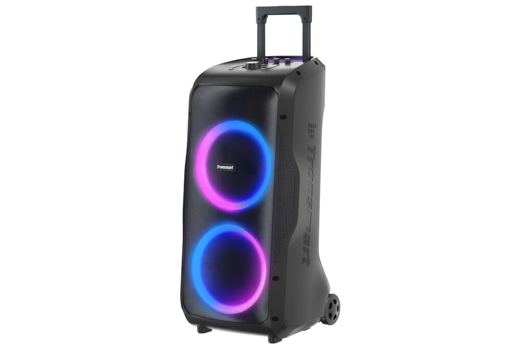 Power Audio TRONSMART Halo 300 przycisk efektów dźwiękowych okrzyki wiwaty brawa, power audio z wysuniętym uchwytem po skosie na białym tle