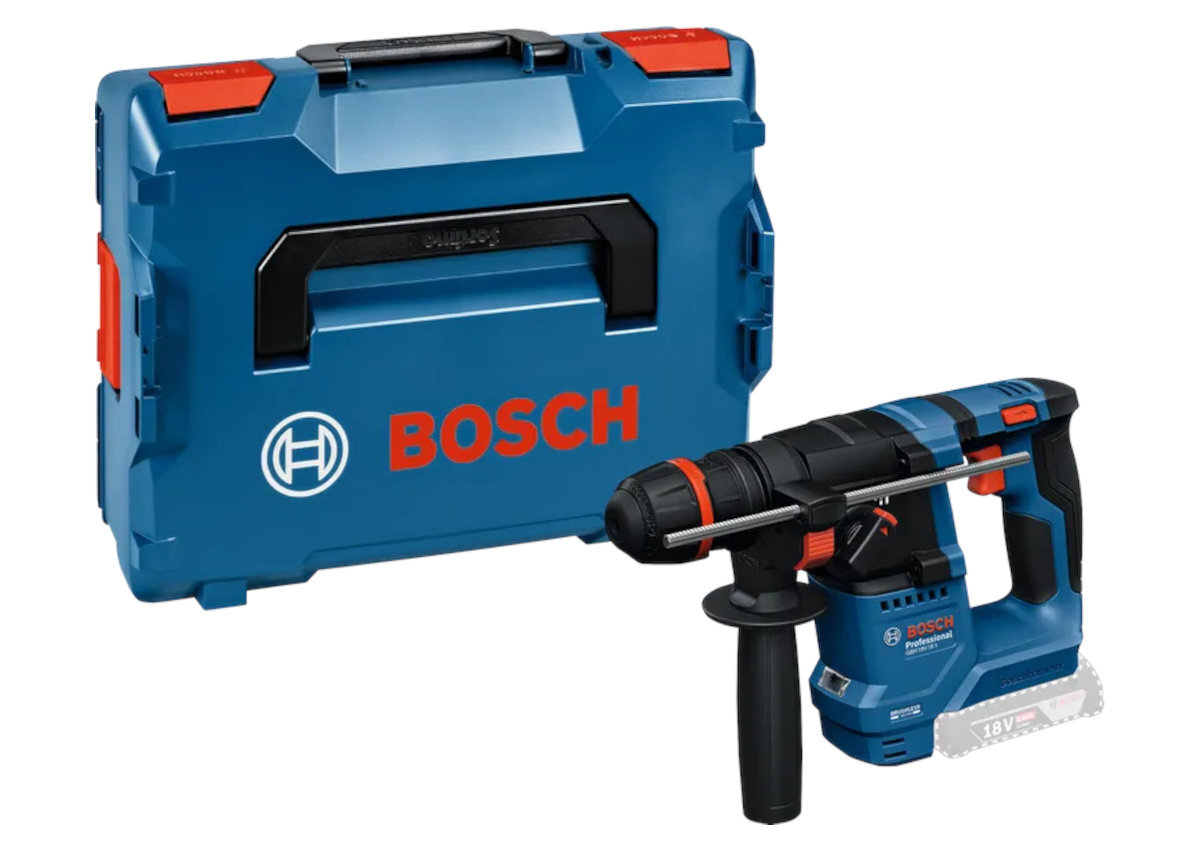BOSCH Professional GBH 18V-18 X 0611927102 walizka L-BOXX 136, wypełnienie do L-BOXX na GBH 18V-18 / X, ogranicznik głębokości, rękojeść oraz dokumentacja - zdjęcie przedstawiające zawartość zestawu