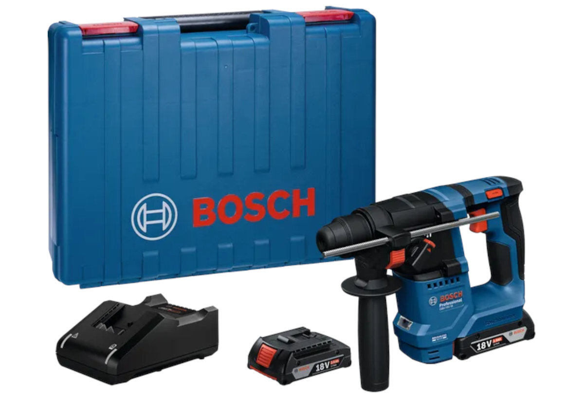 BOSCH Professional GBH 18V-18 0611927001 walizka, 2 akumulatory GBA 18 V 2.0 Ah, ładowarka GAL 18V-20 Professional, ogranicznik głębokości, rękojeść oraz dokumentacja - zdjęcie przedstawiające zawartość zestawu