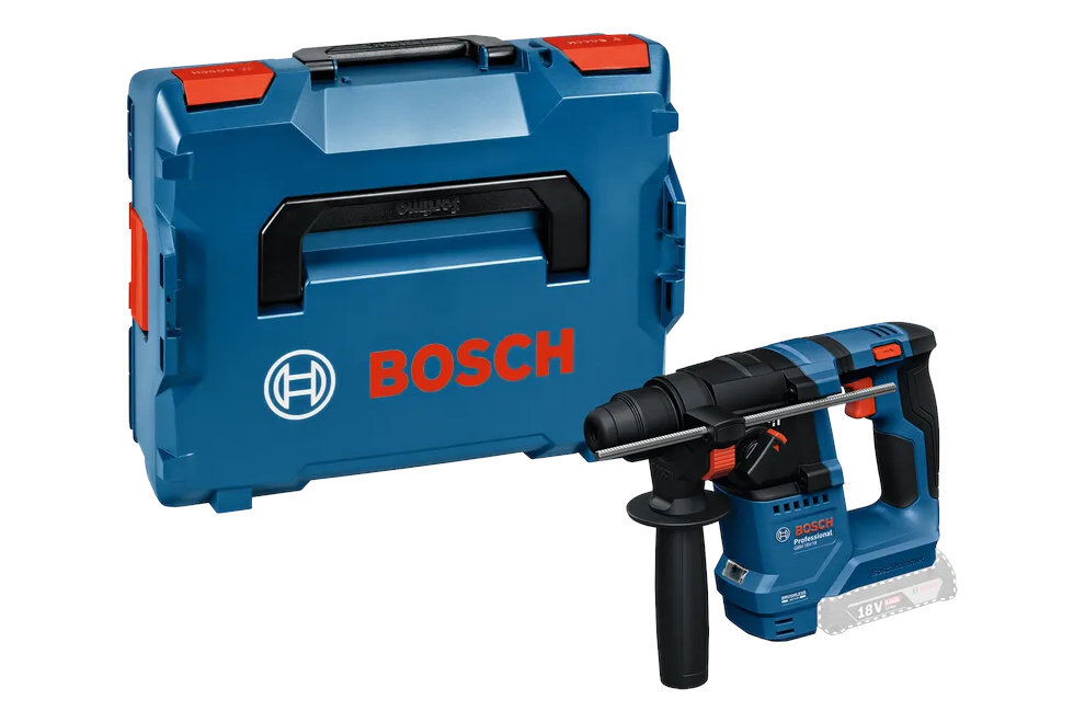 BOSCH Professional GBH 18V-18 X 0611927102 walizka L-BOXX 136, wypełnienie do <b>L-BOXX na GBH 18V-18 / X</b>, ogranicznik głębokości, rękojeść oraz dokumentacja - zdjęcie przedstawiające zawartość zestawu
