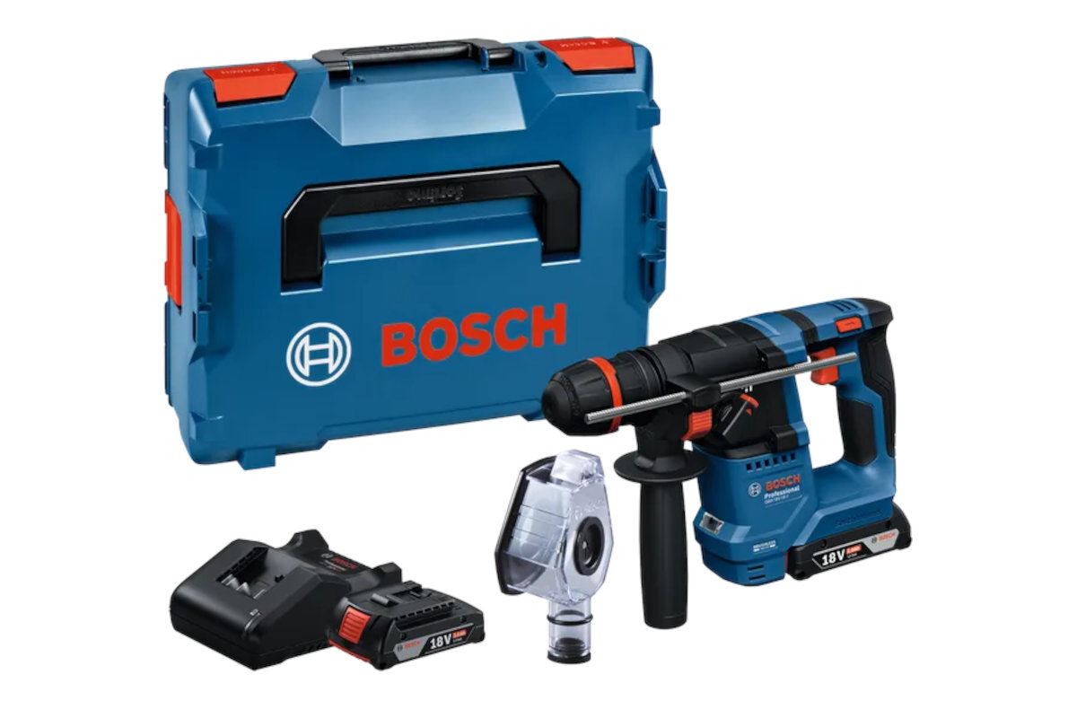 BOSCH Professional GBH 18V-18 X 0611927102 2 akumulatory GBA 18V 2.0Ah, adapter do odsysania pyłu, walizka L-BOXX 136, wypełnienie do L-BOXX na GBH 18V-18 / X, ładowarka, ogranicznik głębokości, rękojeść oraz dokumentacja - zdjęcie przedstawiające zawartość zestawu