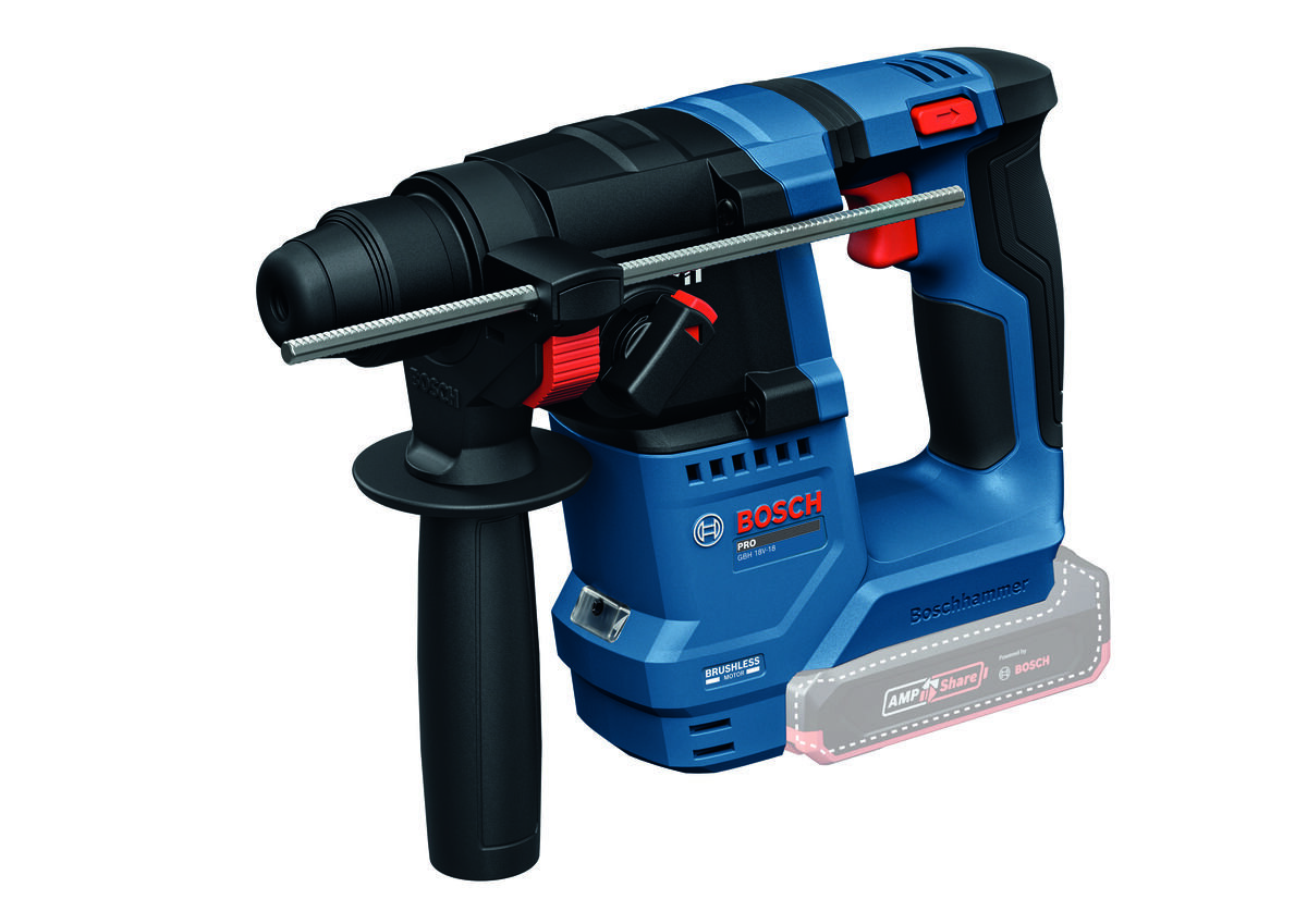 BOSCH Professional GBH 18V-18 0611927002 BOSCH Professional GBH 18V-18 0611927002 beton, cegła czy kamień wykonywać otwory dłutować fragmenty powierzchni - Mężczyzna w okularach ochronnych wierci otwór w ścianie za pomocą akumulatorowego młota udarowo-obrotowego