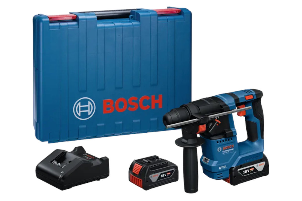 BOSCH Professional GBH 18V-18 0611927002 walizka, 2 akumulatory <b>GBA 18 V 4.0 Ah</b>, ładowarka <b>GAL 18V-20</b> Professional, ogranicznik głębokości, rękojeść oraz dokumentacja  - zdjęcie przedstawiające zawartość zestawu